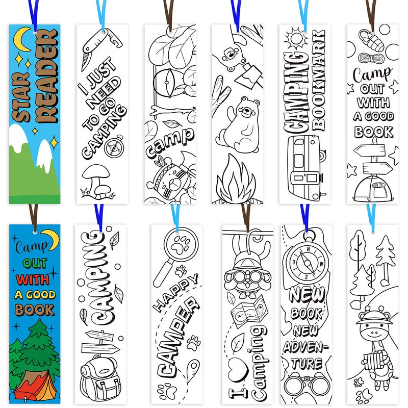 ANGOLIO 75Pcs Camping Color Your Own Bookmarks Kids DIY Coloring Blank Bookmarks Camping Party Game Prize Art Craft Supplies Birthday Goodie Bag Fillers Back to School Classroom Reading Club Rewards - Image 1